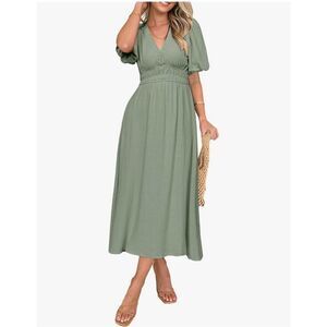 Simplee Midi V Neck Puff Sleeve Linen Blend Beach Dress L